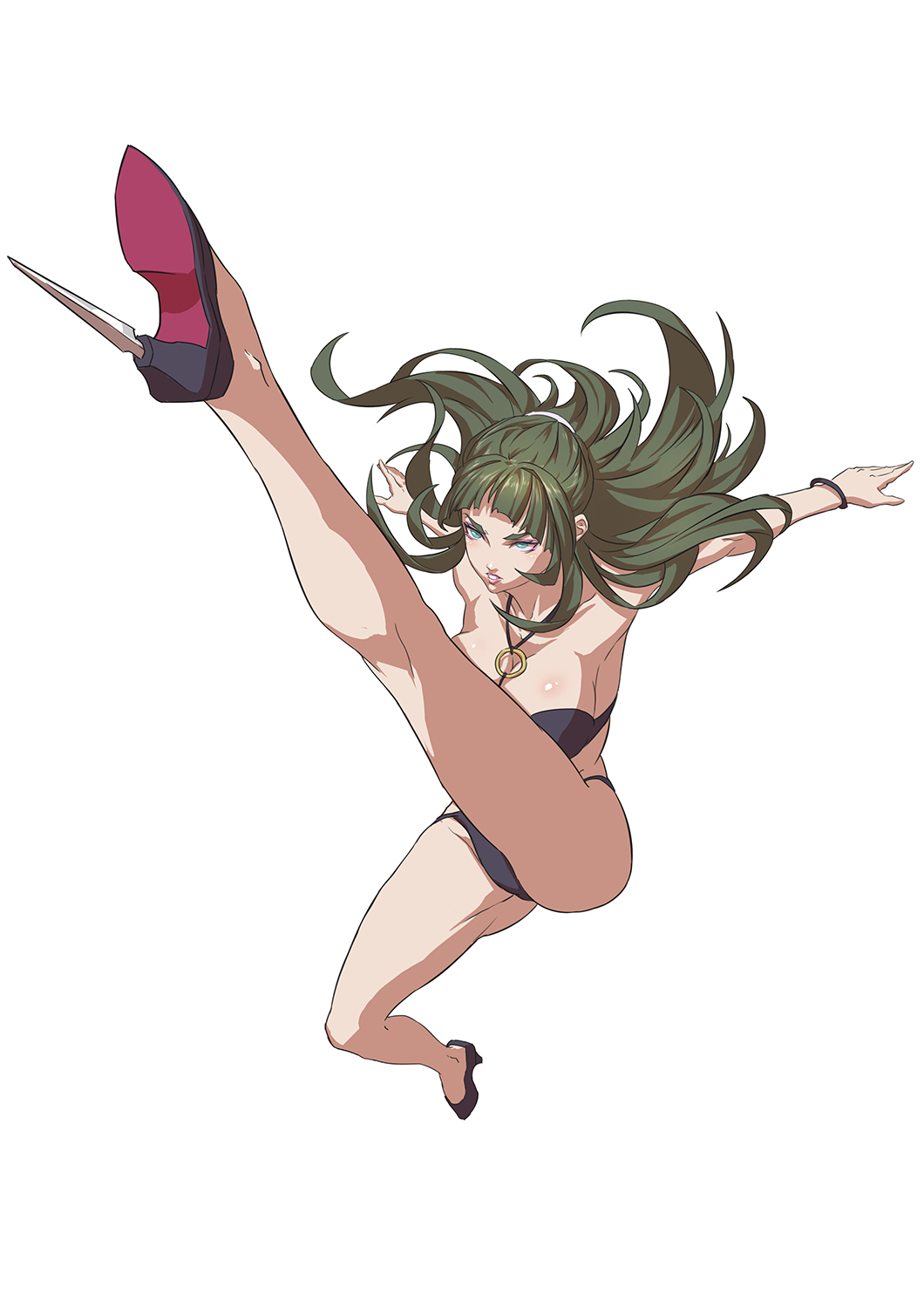 1girl bangs bare_shoulders bikini black_bikini blunt_bangs blush body_blush breasts cleavage full_body garo:vanishing_line garo_(series) gina_(garo) green_hair high_heels highres kicking large_breasts leg_up lips long_hair looking_at_viewer parted_lips shiny shiny_hair shiny_skin simple_background solo swimsuit teeth white_background zhen_long