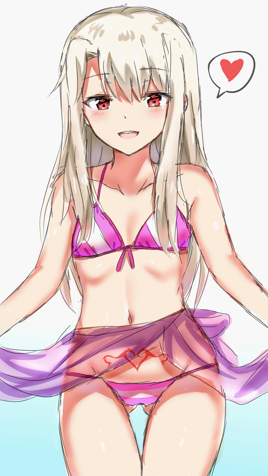 1girl ass_visible_through_thighs bangs bare_shoulders bikini blush breasts collarbone eyebrows_visible_through_hair farys_(afopahqfw) fate/stay_night fate_(series) gradient gradient_background heart highres hips illyasviel_von_einzbern long_hair looking_at_viewer navel open_mouth pink_bikini red_eyes sarong sarong_lift small_breasts smile solo spoken_heart stomach_tattoo striped striped_bikini swimsuit thighs waist white_hair