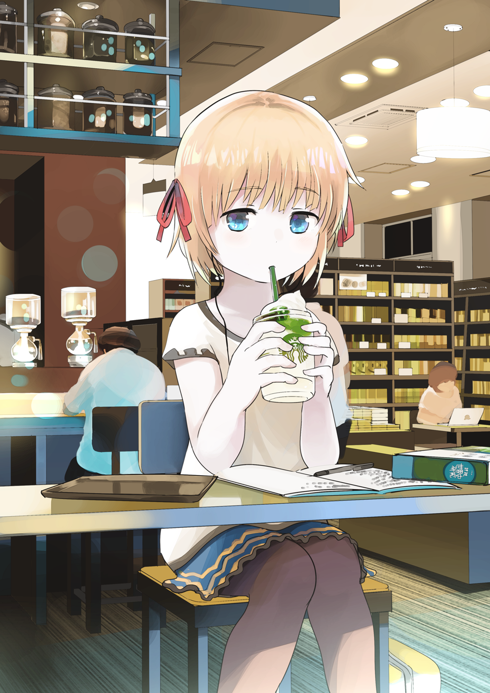 1girl bangs bare_arms blonde_hair blue_eyes book chair cup drinking drinking_straw eyebrows eyebrows_visible_through_hair feet_out_of_frame hair_ribbon highres holding holding_cup indoors knees_together_feet_apart light notebook open_book original pen red_ribbon ribbon samidare shirt short_hair short_sleeves sitting solo_focus starbucks table tray whipped_cream white_shirt