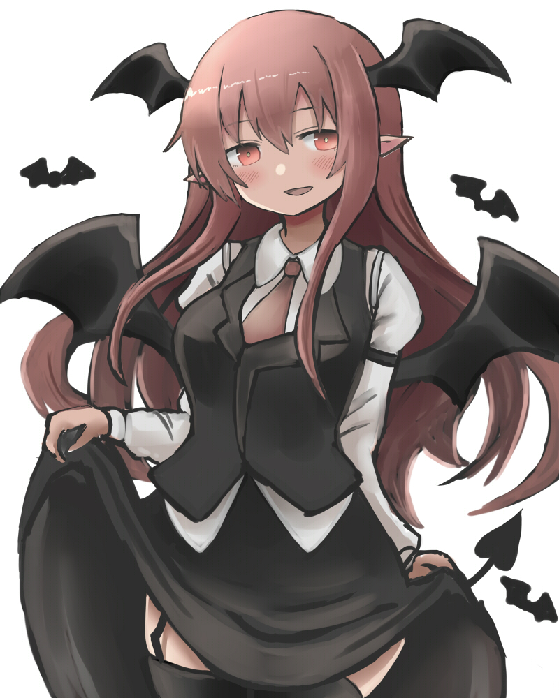 1girl :d aoiyamagi4 bat bat_wings black_skirt blush breasts cowboy_shot demon_tail garter_straps head_wings koakuma long_hair medium_breasts necktie open_mouth pointy_ears red_eyes redhead simple_background skirt smile solo tail thigh-highs touhou very_long_hair vest white_background wings