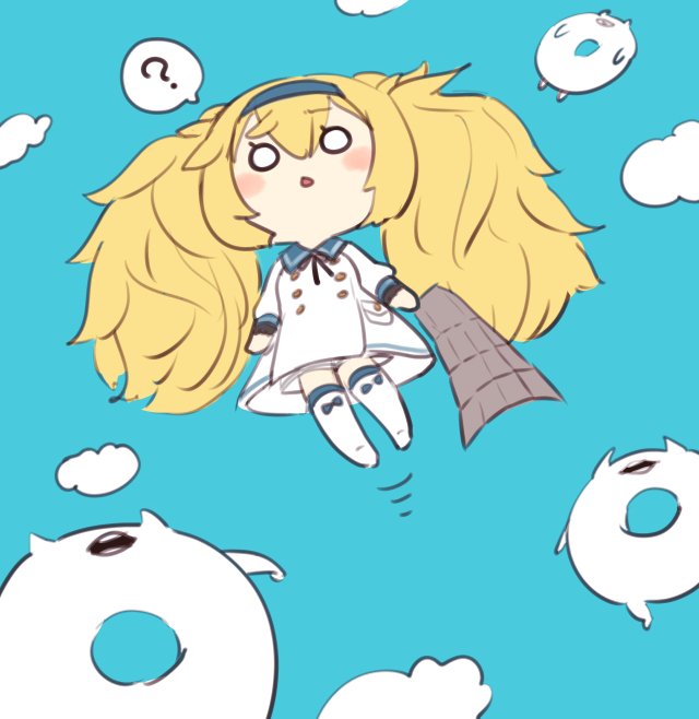 1girl ? big_hair blonde_hair blue_sky blush chestnut_mouth clouds commentary day dress eyebrows_visible_through_hair floating gambier_bay_(kantai_collection) hair_between_eyes hairband holding holding_paper kantai_collection long_hair long_sleeves open_mouth paper sailor_dress shinkaisei-kan simoyuki sky spoken_question_mark teeth thigh-highs twintails white_dress white_legwear
