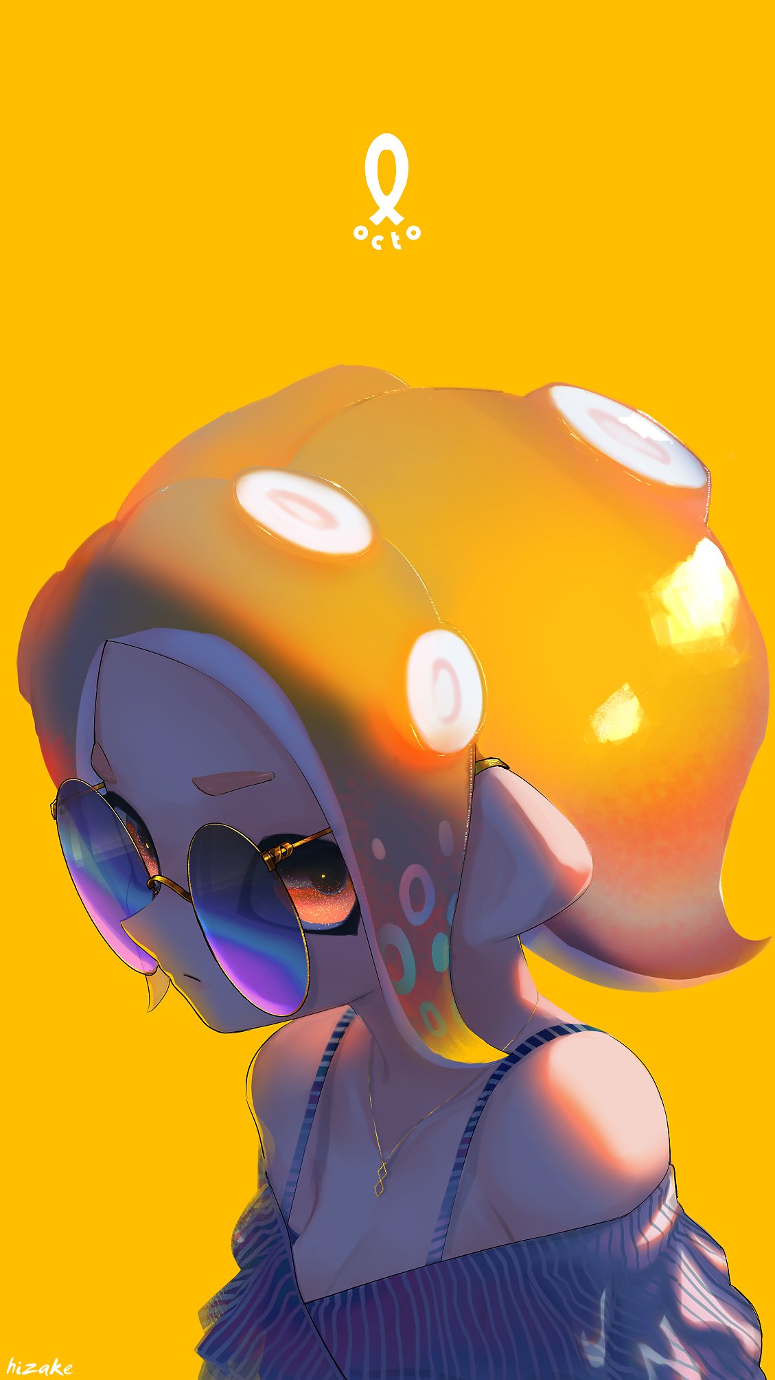 1girl agent_8 bare_shoulders breasts cleavage closed_mouth collarbone highres jewelry kashu_(hizake) light looking_at_viewer monster_girl necklace octarian octoling off_shoulder orange_background orange_eyes orange_hair pointy_ears round_eyewear shade short_hair sideways_glance signature simple_background solo splatoon splatoon_2 splatoon_2:_octo_expansion strap_gap striped suction_cups sunglasses tentacle_hair upper_body