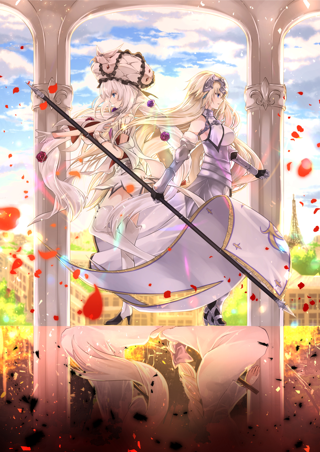 2girls arch armor armored_dress bangs bare_shoulders blonde_hair blue_eyes blue_sky boots bow braid breasts clouds cloudy_sky commentary_request day different_reflection dress eyebrows_visible_through_hair fate/apocrypha fate/grand_order fate_(series) flag flower frilled_hat frills gauntlets hair_between_eyes hair_bow hair_flower hair_ornament hat headpiece high_heel_boots high_heels highres holding holding_flag iroha_(shiki) jeanne_d'arc_(fate) jeanne_d'arc_(fate)_(all) long_hair marie_antoinette_(fate/grand_order) medium_breasts multiple_girls outdoors petals pillar profile purple_bow purple_flower purple_rose reflection rose silver_hair sitting sky sleeveless sleeveless_dress standard_bearer standing standing_on_one_leg thigh-highs thigh_boots twintails very_long_hair white_dress white_footwear white_hat white_legwear