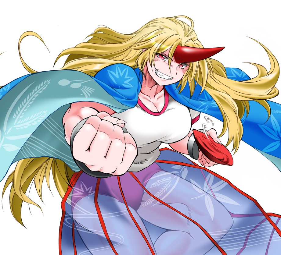 1girl alcohol angeldust bangs blonde_hair blue_cape blue_skirt breasts buruma cape cleavage clenched_hand commentary_request cowboy_shot cuffs cup foreshortening grass_print grin horn hoshiguma_yuugi large_breasts leaf_print long_hair muscle muscular_female neck red_eyes sakazuki sake see-through shackles shiny shiny_hair shirt short_sleeves simple_background skirt slit_pupils smile solo spilling striped striped_skirt thick_thighs thighs touhou very_long_hair white_background white_shirt