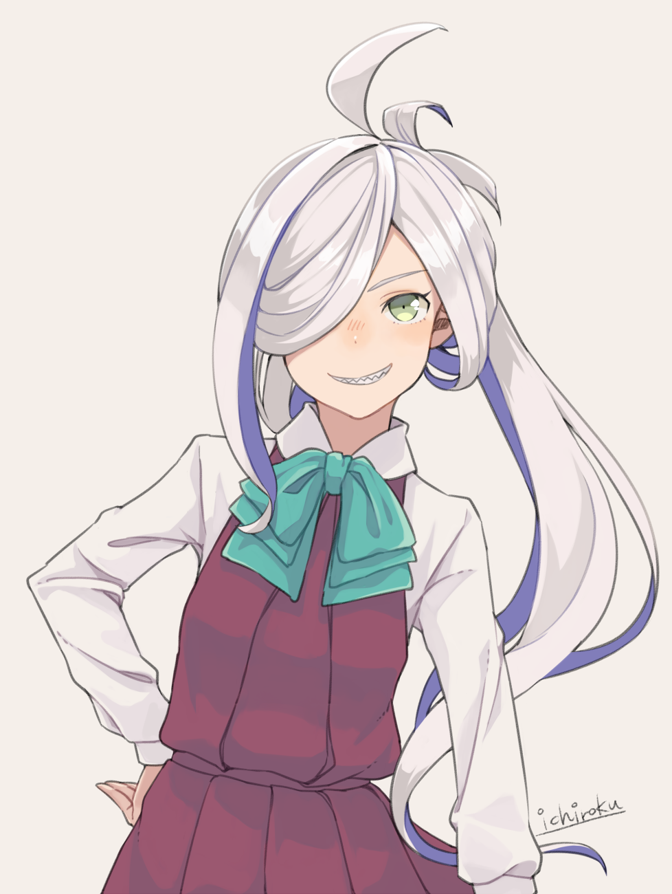 1girl ahoge aqua_bow aqua_neckwear artist_name asashimo_(kantai_collection) asymmetrical_hair bow bowtie collared_shirt eyebrows gradient gradient_background green_eyes grin hair_over_one_eye hand_on_hip highres kantai_collection long_sleeves looking_at_viewer pleated_skirt purple_skirt purple_vest school_uniform sharp_teeth shirt side_ponytail silver_hair skirt skirt_set smile solo teeth ueno_(sakumogu-029) vest white_shirt