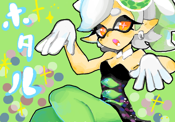 1girl bangs detached_collar drawr dress earrings eyebrows food food_on_head gloves green_legwear hotaru_(splatoon) jewelry mole mole_under_eye multicolored_hair object_on_head open_mouth pantyhose sleeveless solo splatoon splatoon_1 squid strapless strapless_dress sushi white_hair yellow_eyes