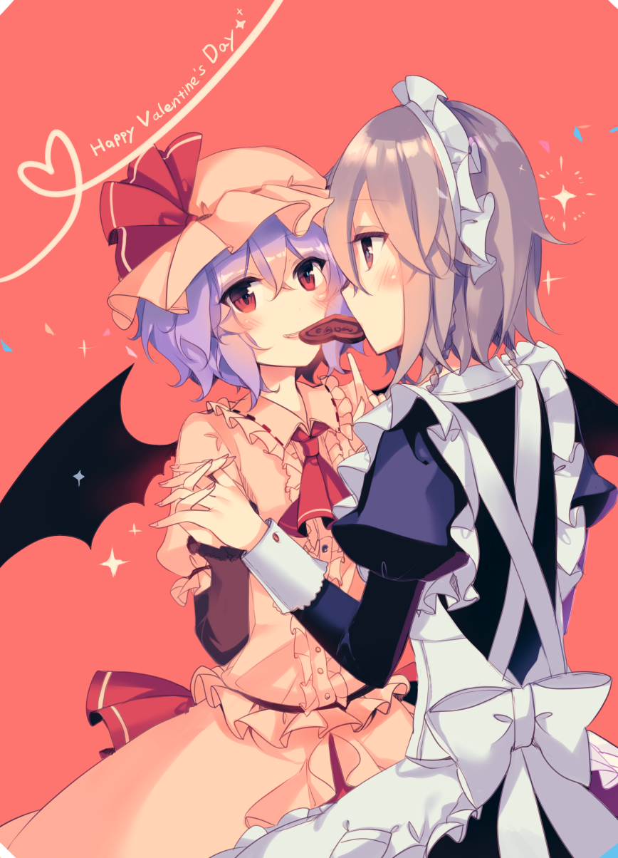 2girls apron blue_eyes blue_hair blush chocolate chocolate_heart commentary_request eye_contact food_in_mouth frilled_apron frills hands_together happy_valentine hat hat_ribbon heart heart_of_string highres izayoi_sakuya juliet_sleeves kirero long_sleeves looking_at_another maid_apron maid_headdress mob_cap multiple_girls pink_hat puffy_sleeves red_background red_eyes red_ribbon remilia_scarlet ribbon shared_food short_hair silver_hair simple_background sparkle touhou valentine yuri