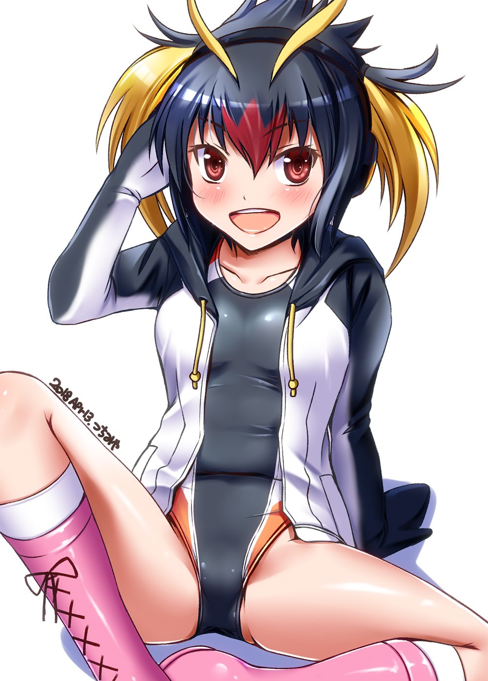 1girl black_hair blush boots collarbone commentary_request competition_swimsuit eyebrows_visible_through_hair gloves hand_on_head headphones highres hood hood_down hoodie kemono_friends looking_at_viewer multicolored_hair one-piece_swimsuit open_mouth pink_footwear red_eyes rockhopper_penguin_(kemono_friends) short_hair simple_background sitting smile solo swimsuit tsuchimiya white_background