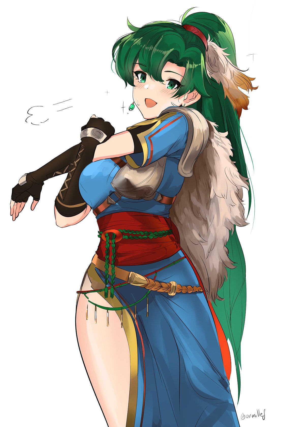 1girl blush breasts dress fire_emblem fire_emblem:_rekka_no_ken fire_emblem_heroes gloves green_eyes green_hair high_ponytail highres jewelry large_breasts long_hair looking_at_viewer lyndis_(fire_emblem) ormille ponytail simple_background smile solo very_long_hair white_background