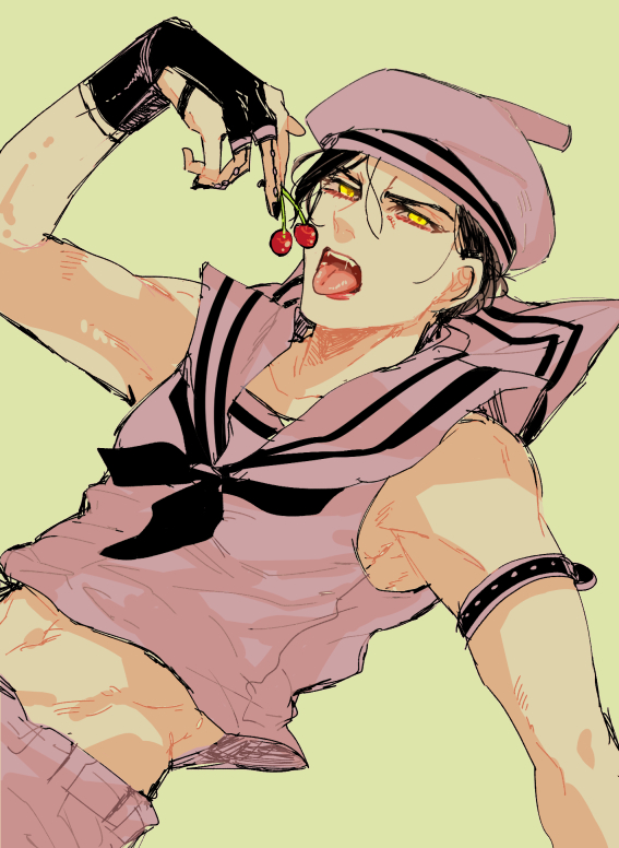 1boy black_hair cherry fangs food fruit gloves hat jojo_no_kimyou_na_bouken jojolion kira_yoshikage_(jojolion) male_focus midriff military_hat open_mouth sailor sailor_collar sailor_hat solo tongue tongue_out uofang_(manbow) yellow_eyes