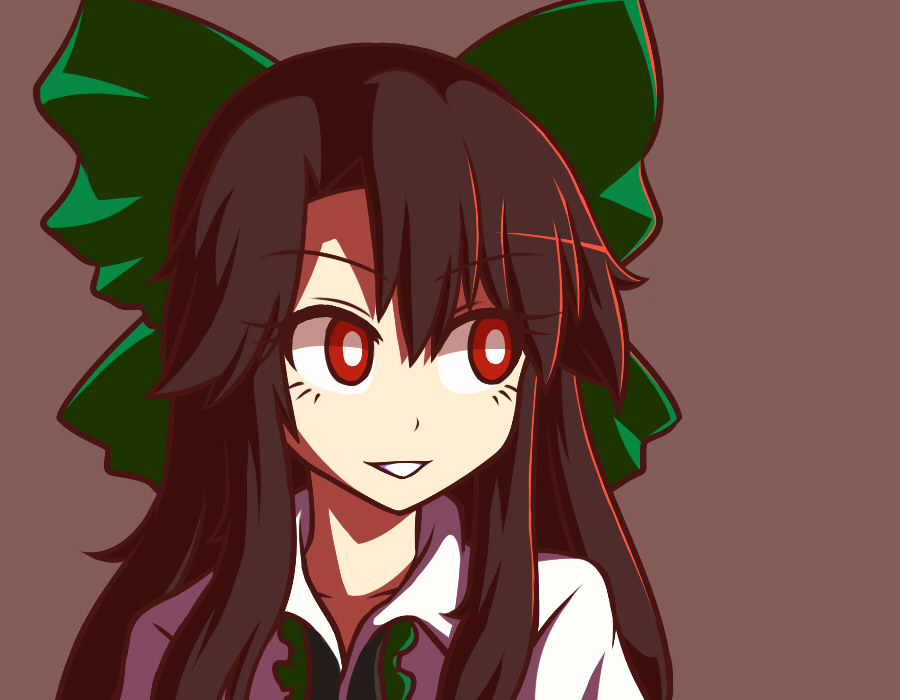 1girl bangs blouse bow bright_pupils brown_background brown_hair collared_blouse commentary commission english_commentary eyebrows_visible_through_hair face green_bow grin hair_bow long_bangs long_hair looking_to_the_side open_mouth portrait red_eyes reiuji_utsuho simple_background smile solo straight_hair touhou white_blouse wool_(miwol)