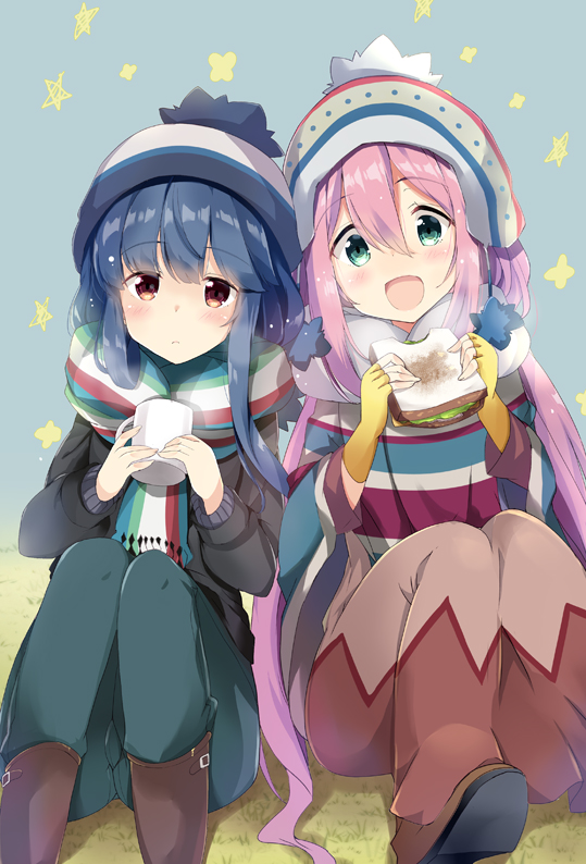 2girls :d bangs beanie black_jacket blue_hair blush boots brown_eyes brown_footwear brown_shirt closed_mouth eyebrows_visible_through_hair fingerless_gloves fingernails food fringe gloves green_eyes green_pants hair_between_eyes hat holding holding_food holding_mug jacket kagamihara_nadeshiko long_hair long_sleeves looking_at_viewer maruchan. multiple_girls open_mouth pants pink_hair sandwiched scarf shima_rin shirt sitting smile star striped striped_scarf very_long_hair white_hat white_scarf yellow_gloves yurucamp