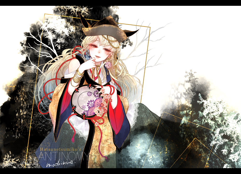1girl blonde_hair bracelet breasts commentary_request detached_sleeves floral_print hair_ribbon jewelry long_hair long_sleeves looking_at_viewer matara_okina mochinu red_eyes red_ribbon ribbon smile solo touhou wide_sleeves