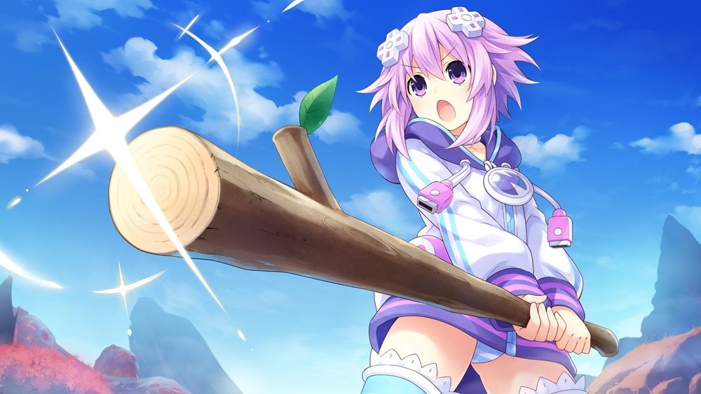 1girl choker d-pad d-pad_hair_ornament hair_ornament looking_at_viewer neptune_(choujigen_game_neptune) neptune_(series) official_art purple_hair short_hair smile solo striped sunrise_stance thigh-highs tsunako violet_eyes