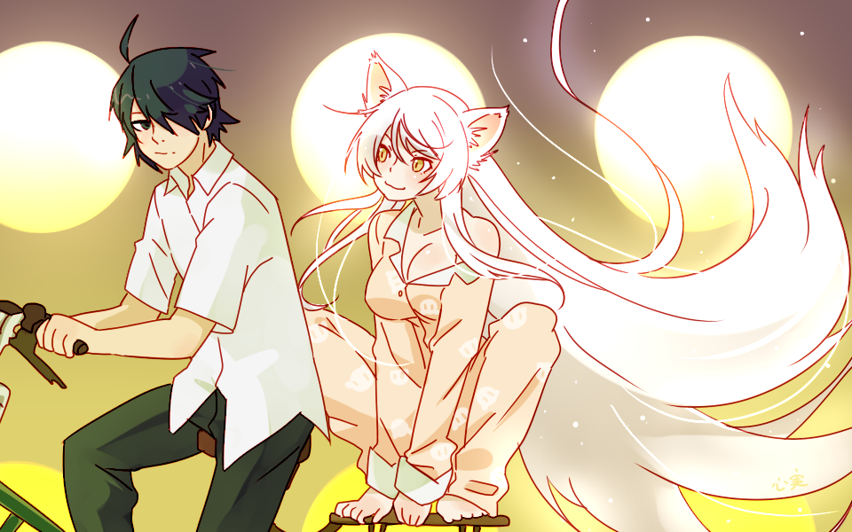 1boy 1girl :3 ahoge animal_ears araragi_koyomi bakemonogatari barefoot bicycle black_eyes black_hair black_hanekawa breasts cat_ears cleavage closed_mouth ground_vehicle hair_over_one_eye hanekawa_tsubasa kokomi_(aniesuakkaman) large_breasts long_hair monogatari_(series) pajamas pants shirt sitting slit_pupils smile very_long_hair white_hair white_shirt yellow_eyes