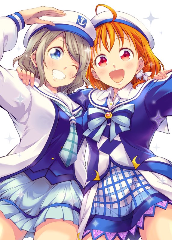 2girls :d ahoge anchor_symbol aqua_neckwear arm_up bangs beret blue_eyes blue_neckwear blue_skirt blush bow bowtie braid chado cover cover_page doujin_cover grey_hair grin hair_bow hand_on_another's_shoulder hat jacket jpeg_artifacts long_sleeves love_live! love_live!_sunshine!! medium_hair multiple_girls neckerchief one_eye_closed open_mouth orange_hair plaid plaid_neckwear plaid_skirt red_eyes sailor_collar salute side_braid skirt smile sparkle striped_neckwear takami_chika textless watanabe_you white_bow