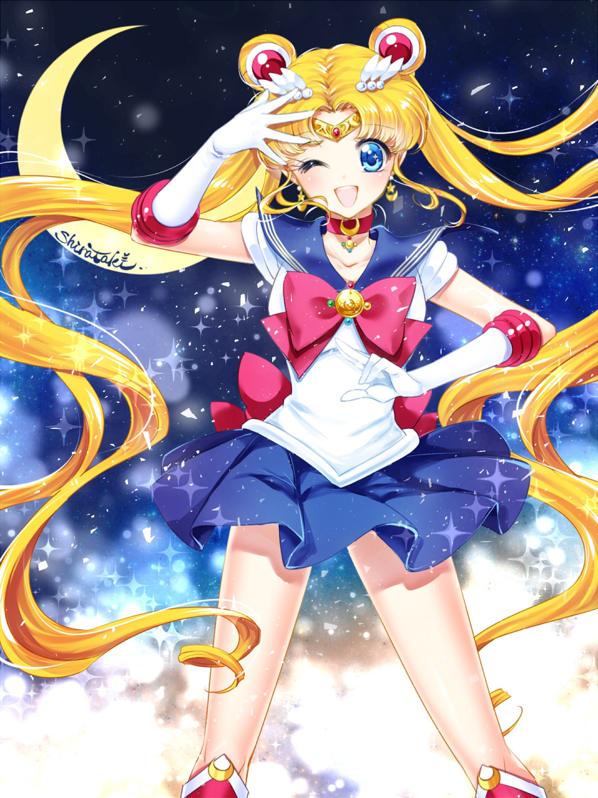 1girl ;d back_bow bishoujo_senshi_sailor_moon blonde_hair blue_background blue_eyes blue_sailor_collar blue_skirt boots bow brooch choker circlet cowboy_shot crescent earrings elbow_gloves gloves hair_ornament hairpin jewelry knee_boots long_hair magical_girl one_eye_closed open_mouth pleated_skirt red_bow red_footwear red_neckwear sailor_collar sailor_moon sailor_senshi_uniform shirataki_kaiseki signature skirt smile solo standing tsukino_usagi white_gloves
