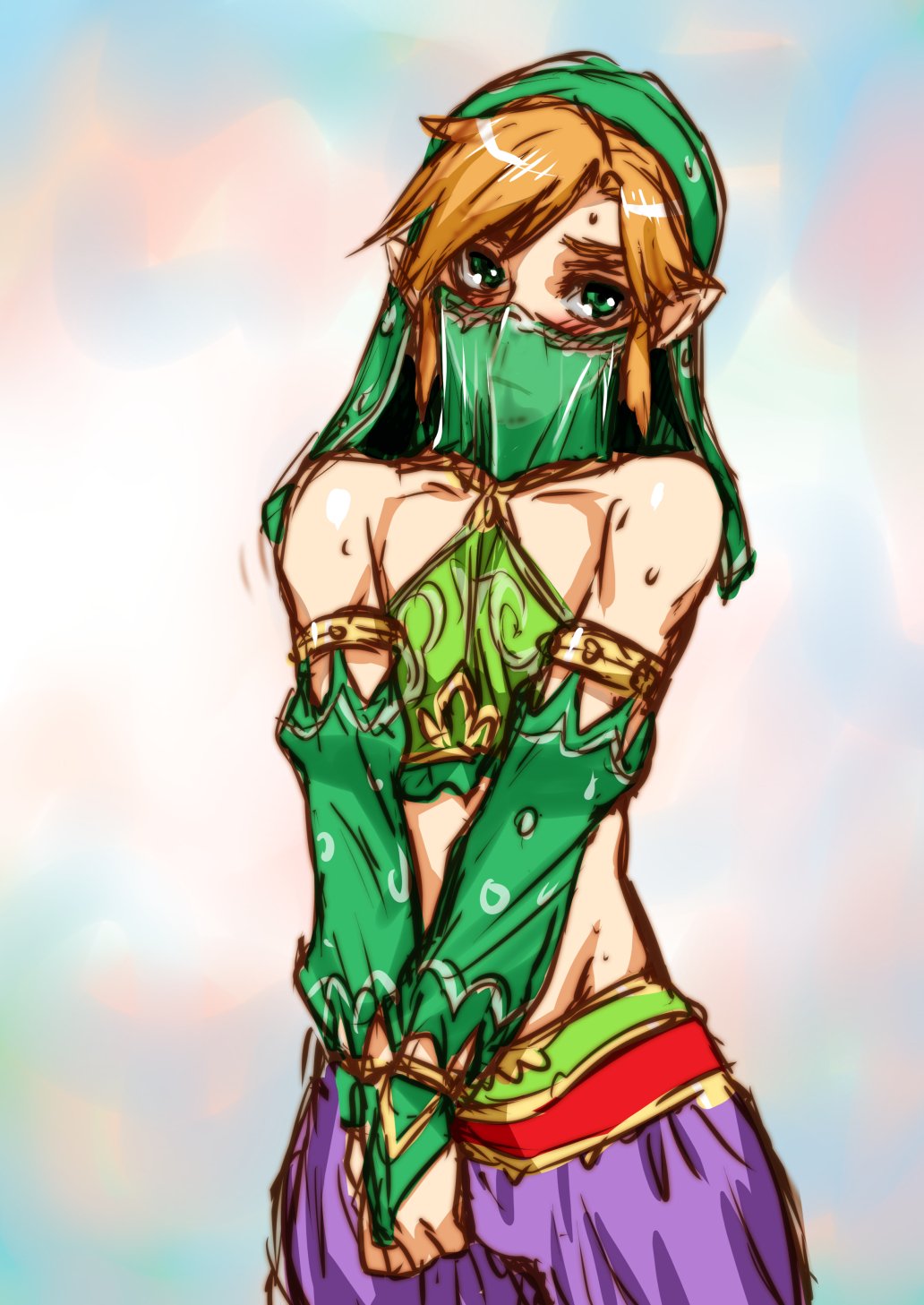 1boy baggy_pants bangs bare_shoulders blonde_hair blush bridal_gauntlets collarbone cowboy_shot crop_top crossdressinging detached_sleeves embarrassed frown gerudo_link green_eyes highres link looking_at_viewer mitarashi_kousei pants parted_bangs pointy_ears see-through shiny shiny_hair sketch solo sweat the_legend_of_zelda the_legend_of_zelda:_breath_of_the_wild trap
