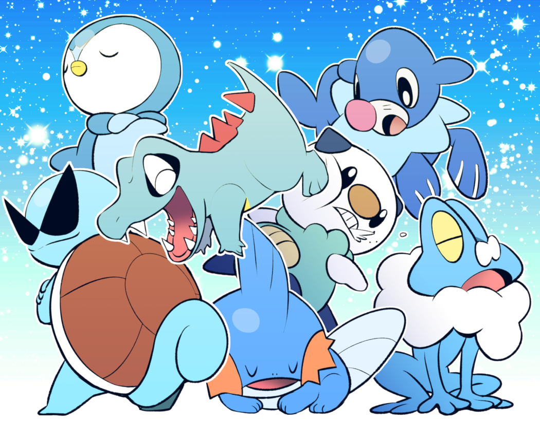 beak blue blue_background closed_eyes crossed_arms froakie gen_1_pokemon gen_2_pokemon gen_3_pokemon gen_4_pokemon gen_5_pokemon gen_6_pokemon gen_7_pokemon kicking looking_at_another looking_back minashirazu mudkip no_humans open_mouth oshawott piplup pokemon pokemon_(creature) popplio sharp_teeth shell sleeping squirtle sunglasses tail teeth totodile trait_connection