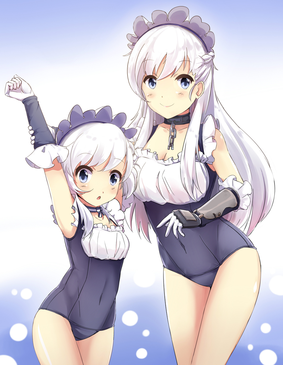 2girls apron azur_lane bangs belchan_(azur_lane) belfast_(azur_lane) blue_eyes blush braid breasts chains cleavage collar collarbone commentary_request dress eyebrows_visible_through_hair french_braid frills gloves highres large_breasts long_hair looking_at_viewer maid maid_headdress multiple_girls open_mouth silver_hair smile solo swimsuit white_gloves white_hair younger