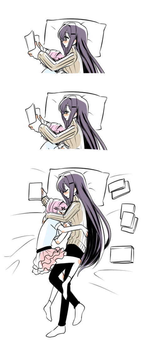 2girls blush book closed_eyes doki_doki_literature_club from_above hair_ornament hairclip height_difference hug long_hair lying multiple_girls murai_shinobu natsuki_(doki_doki_literature_club) on_side pillow pink_hair pink_skirt purple_hair reading ribbed_sweater short_hair skirt sleeping sweater very_long_hair yuri yuri_(doki_doki_literature_club)