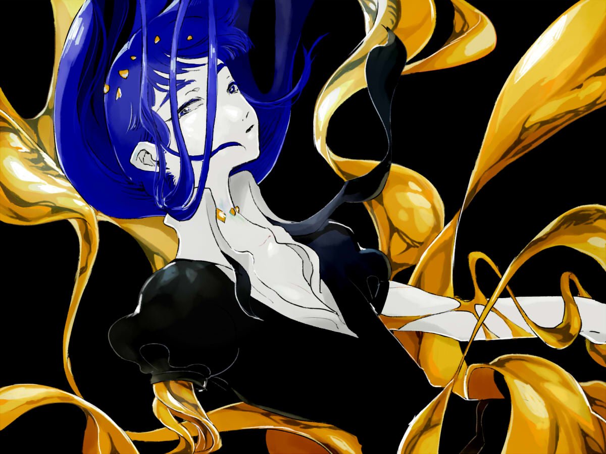 1other androgynous bangs black_background blue_eyes blue_hair blunt_bangs falling gem_uniform_(houseki_no_kuni) gold houseki_no_kuni long_hair looking_at_viewer open_clothes open_shirt phosphophyllite phosphophyllite_(ll) solo spoilers tezo_(mokka_mk)