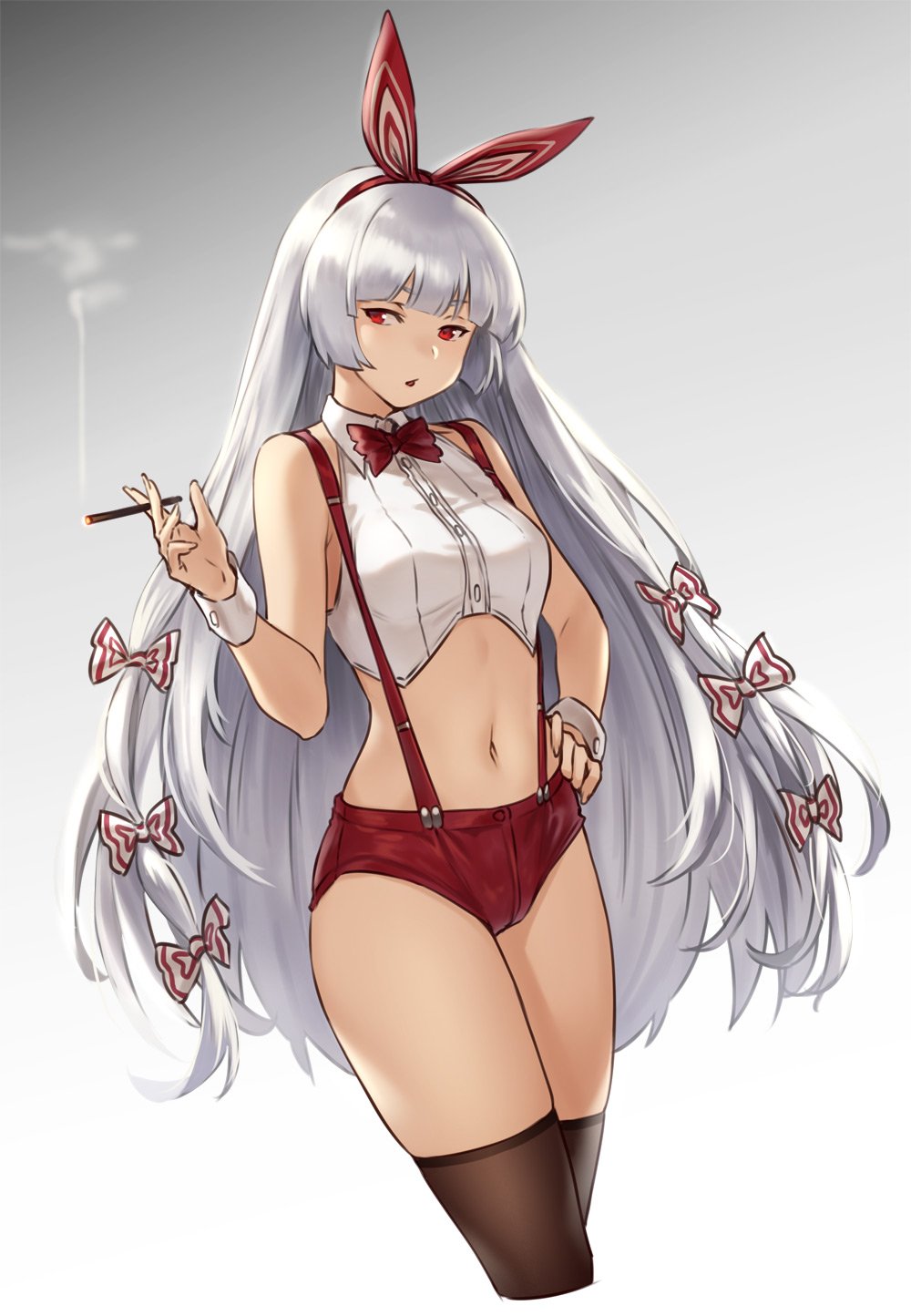 1girl adapted_costume bare_arms bare_shoulders black_legwear bow bowtie cigarette commentary_request cowboy_shot crop_top cropped_legs fujiwara_no_mokou hair_bow hairband hand_on_hip highres holding holding_cigarette houtengeki long_hair looking_at_viewer midriff navel parted_lips red_bow red_eyes red_hairband red_neckwear red_shorts shirt short_shorts shorts silver_hair simple_background sleeveless sleeveless_shirt smoke solo standing stomach suspenders thigh-highs touhou very_long_hair white_background white_bow white_shirt wing_collar wrist_cuffs