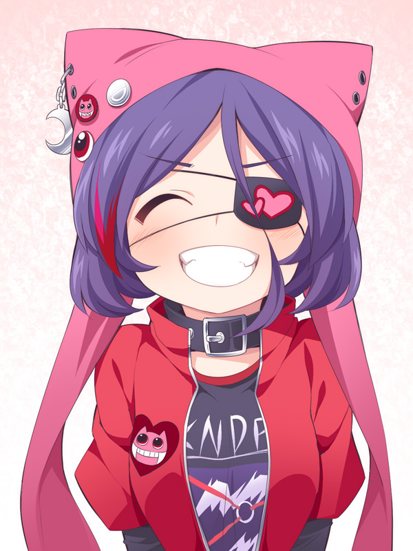 1girl ^_^ animal_ears animal_hat bangs belt_buckle belt_collar black_collar black_shirt blush breasts buckle cat_ears cat_hat closed_eyes clothes_writing commentary_request crescent_moon eyebrows_visible_through_hair eyepatch facing_viewer grin hat hayasaka_mirei heart heart_print idolmaster idolmaster_cinderella_girls jacket long_sleeves moon moon_(ornament) multicolored_hair open_clothes open_jacket pins print_eyepatch purple_hair red_jacket redhead shirt short_hair short_over_long_sleeves short_sleeves small_breasts smile solo streaked_hair ushi v-shaped_eyebrows