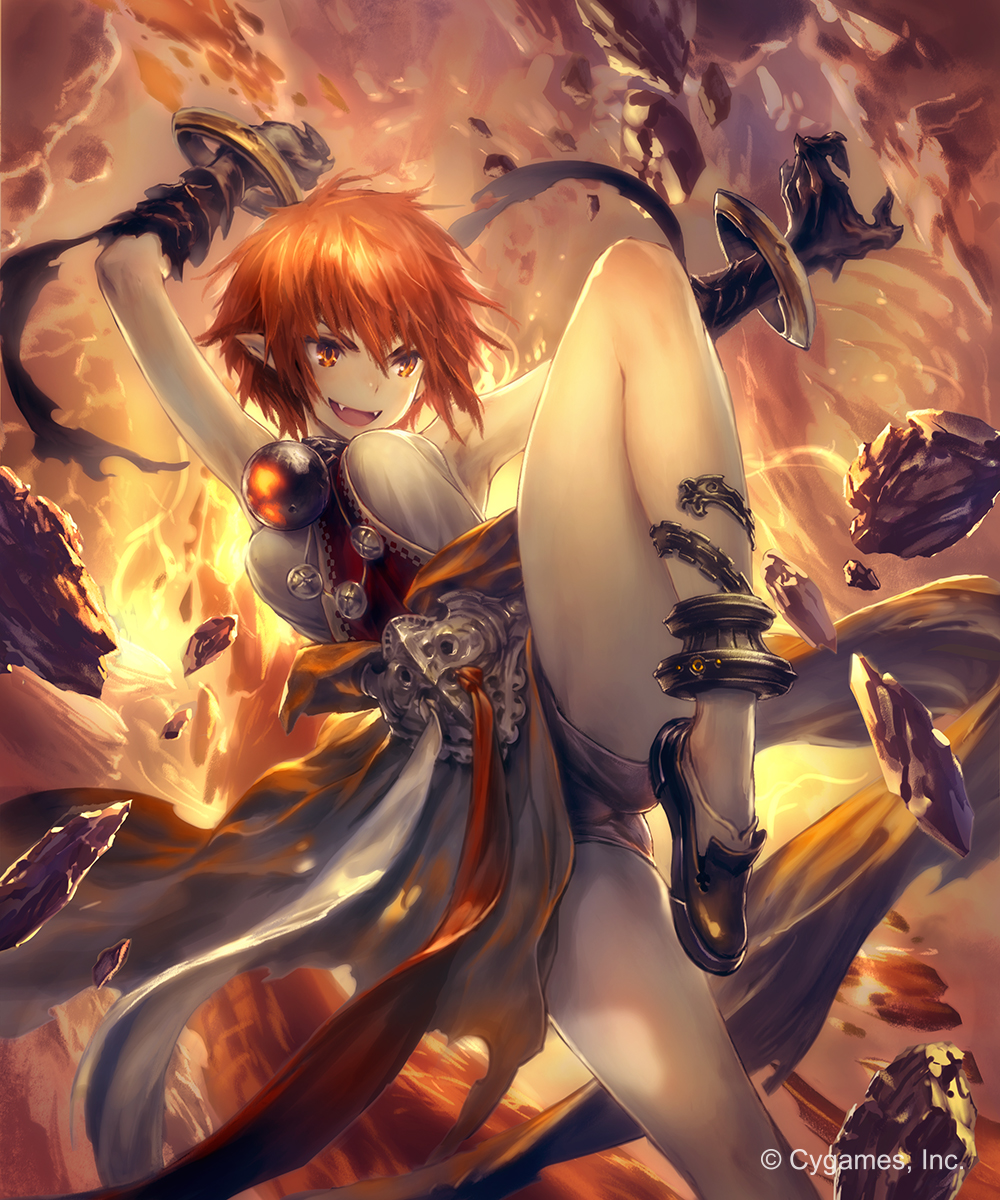 1girl :d arm_up armor armpits breasts day fangs gauntlets grey_shorts highres hisakata_souji medium_breasts one_leg_raised open_mouth orange_eyes outdoors outstretched_arm pointy_ears red_footwear redhead shingeki_no_bahamut short_hair short_shorts shorts smile socks solo standing standing_on_one_leg white_legwear