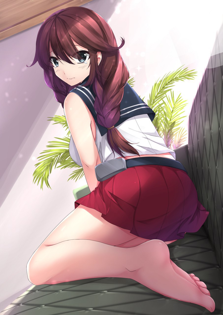 1girl :| bangs bare_arms bare_legs bare_shoulders barefoot blue_eyes braid breasts brown_hair closed_mouth commentary couch eyebrows_visible_through_hair hair_between_eyes hair_flaps hair_ribbon highres indoors kantai_collection looking_at_viewer looking_back medium_breasts noshiro_(kantai_collection) on_couch plant red_skirt ribbon sailor_collar sheita sitting skirt solo tears wariza