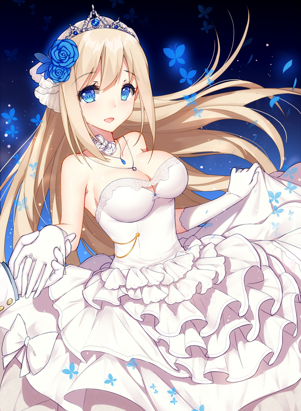 1girl :d bangs bare_shoulders bison_cangshu blonde_hair blue_eyes blue_flower blue_rose breasts bug butterfly cleavage collarbone commentary_request dress elbow_gloves eyebrows_visible_through_hair flower gloves hair_between_eyes hair_flower hair_ornament hand_holding highres insect jewelry large_breasts lexington_(zhan_jian_shao_nyu) long_hair long_sleeves open_mouth pendant petals ring rose skirt_hold smile solo_focus strapless strapless_dress tiara wedding_dress wedding_ring white_dress white_flower white_gloves white_rose zhan_jian_shao_nyu