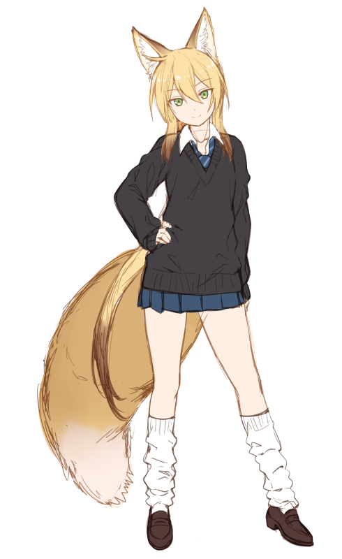1girl animal_ears arm_warmers black_sweater blonde_hair blue_neckwear blue_skirt collared_shirt commentary_request contrapposto fox_ears fox_tail full_body green_eyes hair_between_eyes hand_on_hip head_tilt long_sleeves looking_at_viewer necktie original pleated_skirt school_uniform shirt simple_background skirt smile solo standing sweater tail white_background white_legwear white_shirt wing_collar yagi_(ningen)