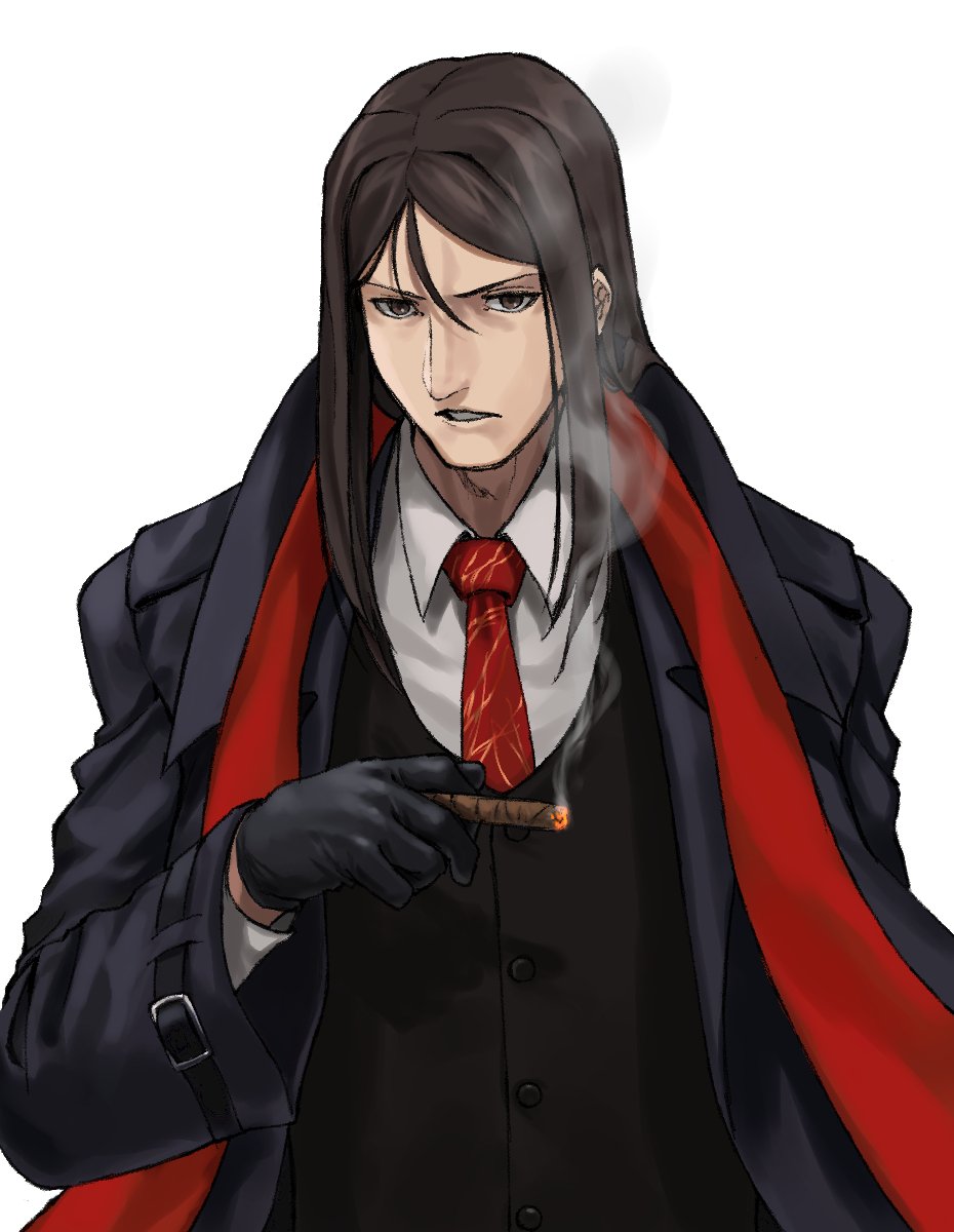 1boy black_gloves black_vest brown_hair cigar coat collared_shirt commentary_request fate/grand_order fate_(series) gloves highres long_hair long_sleeves looking_at_viewer lord_el-melloi_ii male_focus necktie open_clothes open_coat parted_lips shirt simple_background smoke solo upper_body vest waver_velvet white_background white_shirt wing_collar zonotaida