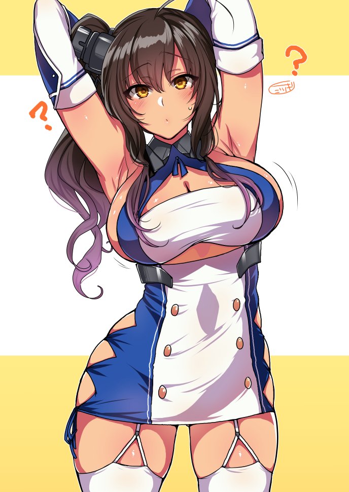 1girl ? ahoge armpits arms_up azur_lane breasts brown_hair cleavage cosplay cowboy_shot dark_skin dress garter_straps hat large_breasts long_hair looking_at_viewer mini_hat mitsugi original short_dress side_ponytail sidelocks simple_background skindentation solo st._louis_(azur_lane) sweatdrop thigh-highs white_legwear yellow_eyes zettai_ryouiki