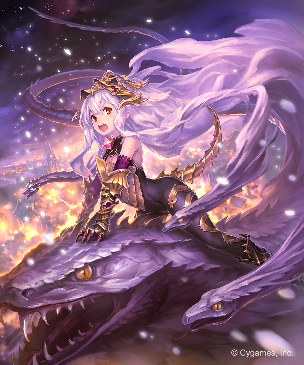 1girl armored_boots black_bodysuit bodysuit boots breastplate city day detached_sleeves eyebrows_visible_through_hair floating_hair gauntlets hair_between_eyes highres hisakata_souji long_hair looking_away medusa_(shingeki_no_bahamut) open_mouth outdoors pointy_ears red_eyes riding shingeki_no_bahamut silver_hair sky snake star_(sky) starry_sky tail very_long_hair