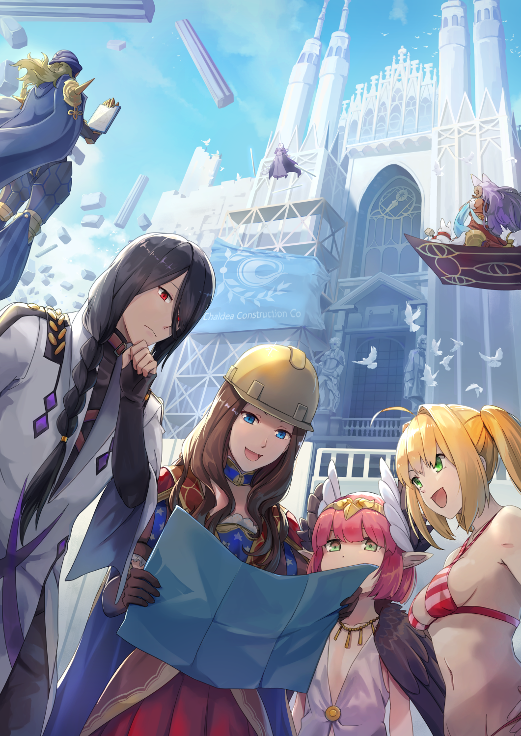 2boys 5girls :d ahoge avicebron_(fate) bird black_hair blonde_hair blue_eyes blue_sky breasts brown_gloves brown_hair cathedral character_request church circe_(fate/grand_order) circlet commentary_request construction_site construction_worker elbow_gloves fate/grand_order fate_(series) fingerless_gloves flag floating flying gloves green_eyes hair_over_one_eye hand_on_own_chin helmet highres holding hsin leonardo_da_vinci_(fate/grand_order) logo long_hair magic_carpet medium_breasts multiple_boys multiple_girls navel nero_claudius_(fate)_(all) nero_claudius_(swimsuit_caster)_(fate) one_eye_covered open_mouth outdoors pillar pink_hair pointy_ears queen_of_sheba_(fate/grand_order) red_eyes sky small_breasts smile twintails