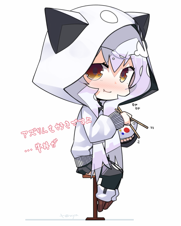 1girl :t animal_ears animal_hood azuma_lim azuma_lim_channel bangs black_legwear black_skirt blush bowl brown_eyes brown_footwear cat_ears cat_hood chibi chopsticks closed_mouth eating eyebrows_visible_through_hair hair_between_eyes holding holding_bowl holding_chopsticks hood hood_up hoodie loafers long_hair long_sleeves looking_at_viewer nose_blush pleated_skirt puffy_long_sleeves puffy_sleeves shoes signature silver_hair sitting skirt sleeves_past_wrists solo stool tanyatonya thigh-highs translation_request very_long_hair virtual_youtuber white_hoodie