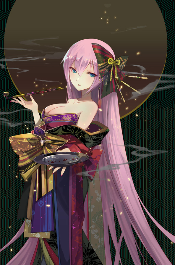 1girl bangs bare_shoulders black_bow blue_eyes bow breasts brown_bow cleavage commentary_request cup eyebrows_visible_through_hair hair_between_eyes hair_bow holding holding_pipe japanese_clothes kimono kiseru large_breasts long_hair megurine_luka off_shoulder pink_hair pipe print_kimono red_kimono sakazuki shadowsinking smoke solo striped striped_bow very_long_hair vocaloid