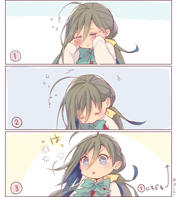 1girl 3koma ahoge closed_eyes colis comic commentary_request grey_eyes grey_hair hair_between_eyes kantai_collection kiyoshimo_(kantai_collection) long_hair long_sleeves low_twintails multicolored_hair one_eye_closed school_uniform sleepy translation_request twintails twitter_username very_long_hair