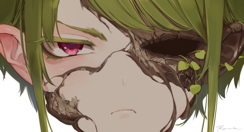 1boy bangs closed_mouth colored_eyelashes face frown green_hair hakura_kusa leaf looking_at_viewer male_focus missing_eye monster_boy original plant_boy red_eyes short_hair signature simple_background solo swept_bangs white_background wood