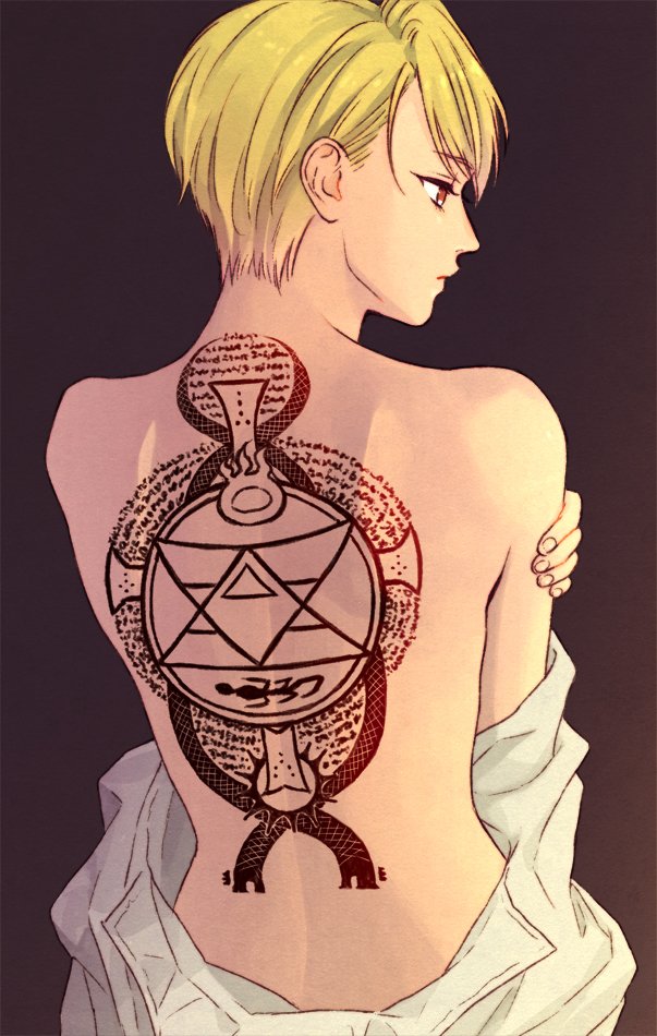 1girl back back_tattoo bare_back blonde_hair eyebrows_visible_through_hair facing_away fullmetal_alchemist gradient gradient_background hanayama_(inunekokawaii) hand_on_own_arm holding_arm looking_to_the_side no_bra off_shoulder purple_background riza_hawkeye shirt short_hair solo tattoo upper_body white_shirt