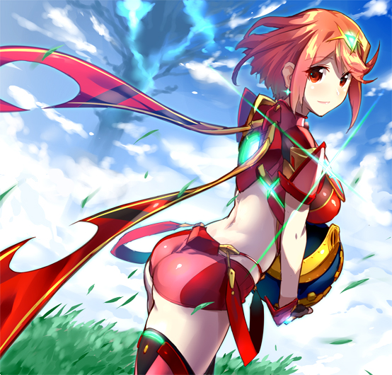 1girl ass bangs chikugen_shiina closed_mouth covered_navel crotchless_pants earrings fingerless_gloves gloves pyra_(xenoblade) jewelry looking_at_viewer red_eyes red_shorts redhead short_hair shorts shoulder_armor sidelocks sky solo swept_bangs tiara xenoblade_(series) xenoblade_2