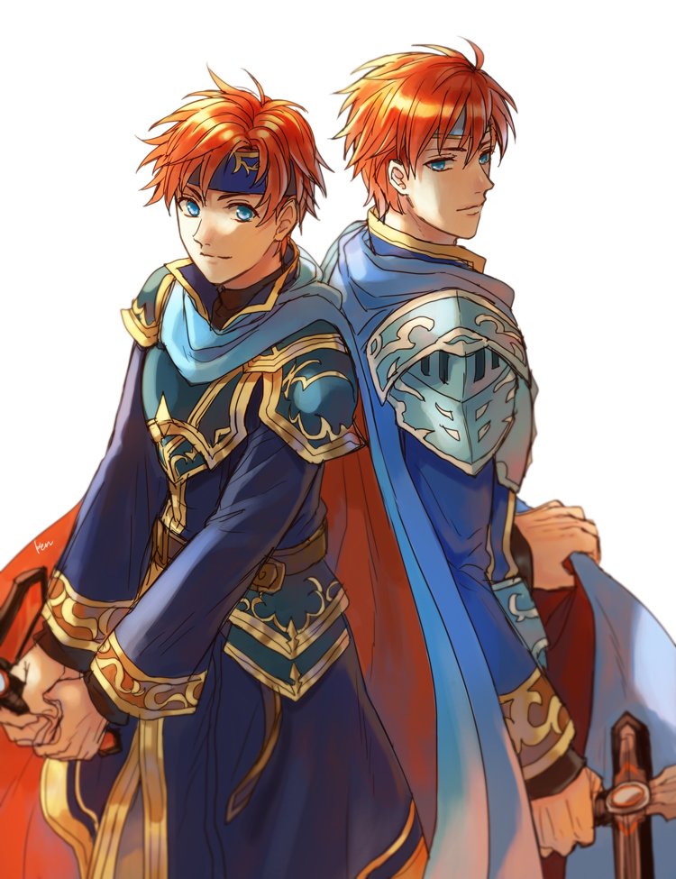 1boy age_comparison akke armor blue_eyes eliwood_(fire_emblem) fire_emblem fire_emblem:_fuuin_no_tsurugi fire_emblem:_rekka_no_ken headband holding holding_weapon looking_at_viewer pauldrons redhead simple_background sword weapon white_background
