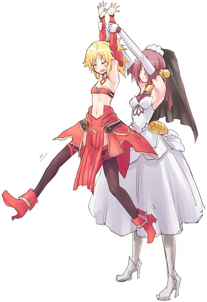 2girls :t bangs blonde_hair breasts bridal_veil bride closed_eyes covered_eyes detached_collar detached_sleeves dress elbow_gloves eyebrows_visible_through_hair eyes fate/apocrypha fate/grand_order fate_(series) faulds frankenstein's_monster frankenstein's_monster_(fate) gloves headgear horn lifting_person long_hair long_sleeves mordred_(fate) mordred_(fate)_(all) mozu_(peth) multiple_girls parted_bangs pout red_footwear short_hair simple_background small_breasts standing strapless thigh-highs tubetop veil wedding_dress white_background white_dress white_footwear white_gloves wrist_grab