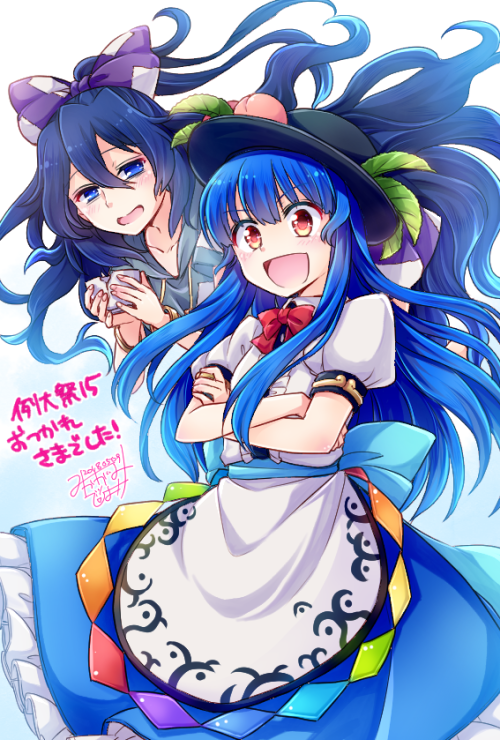 2girls black_hair blue_eyes blue_hair bow bowl bracelet commentary_request cracked crossed_arms dress food food_on_head fruit_on_head hair_between_eyes hair_bow hat hinanawi_tenshi holding holding_bowl hood hoodie jewelry long_hair mikagami_hiyori multiple_girls object_on_head open_mouth orange_eyes ponytail puffy_short_sleeves puffy_sleeves short_sleeves touhou translation_request yorigami_shion