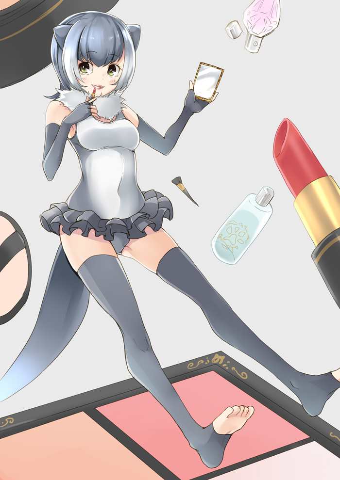 1girl amai_nekuta animal_ears bangs bottle brush closed_mouth commentary_request elbow_gloves fingerless_gloves frilled_leotard frills full_body fur_collar gloves grey_gloves grey_hair grey_legwear grey_leotard hand_mirror holding kemono_friends leotard light_smile lipstick looking_at_viewer makeup mirror otter_ears otter_tail perfume_bottle short_hair sleeveless small-clawed_otter_(kemono_friends) solo standing tail thigh-highs toes