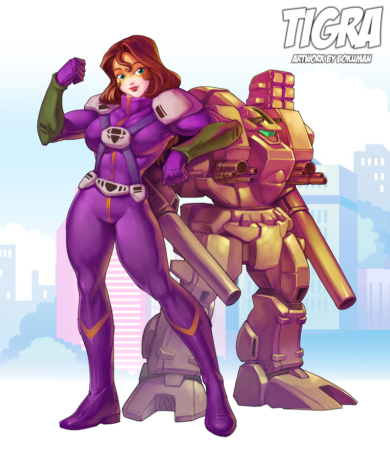 1girl alien aqua_eyes arm_cannon armor bodysuit bokuman boots brown_hair building chest_cannon choujikuu_yousai_macross cityscape clouds destroid energy_cannon energy_gun giantess gloves insignia leaning_back leaning_on_object lips looking_at_viewer macross mecha meltrandi missile_pod muscle muscular_female pilot_suit raised_fist size_difference tomahawk_(destroid) two-tone_skin weapon zentradi