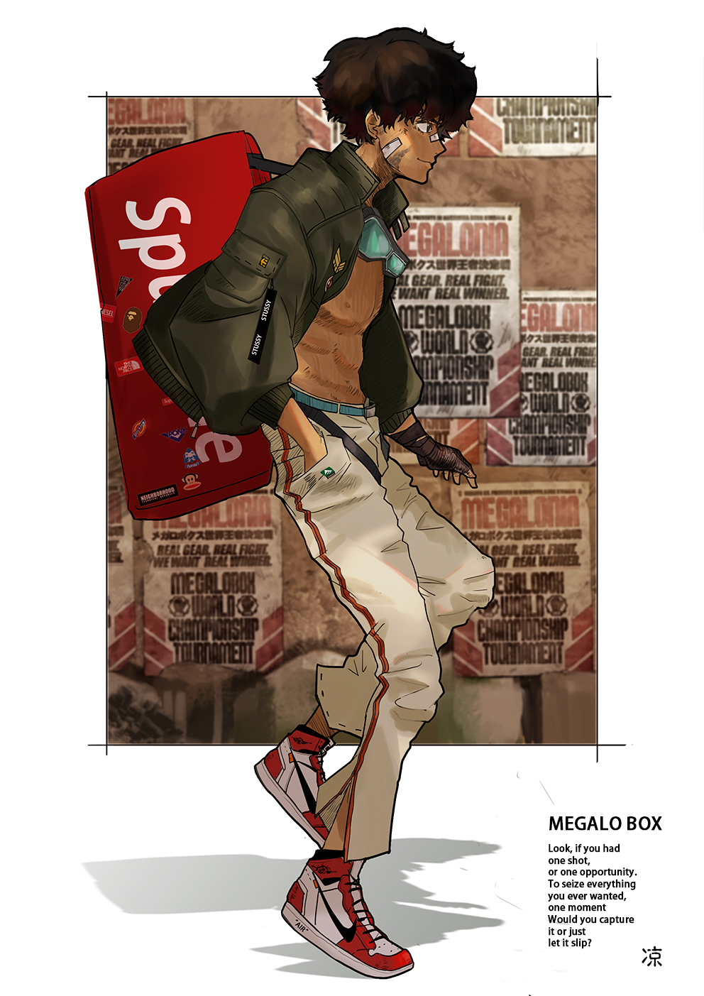 1boy bag bandage_on_face belt black_gloves brown_hair duffel_bag english full_body gloves goggles goggles_around_neck hand_in_pocket highres jacket jiu_liang joe_(megalo_box) jpeg_artifacts looking_to_the_side male_focus megalo_box open_clothes open_jacket shoes sneakers solo standing