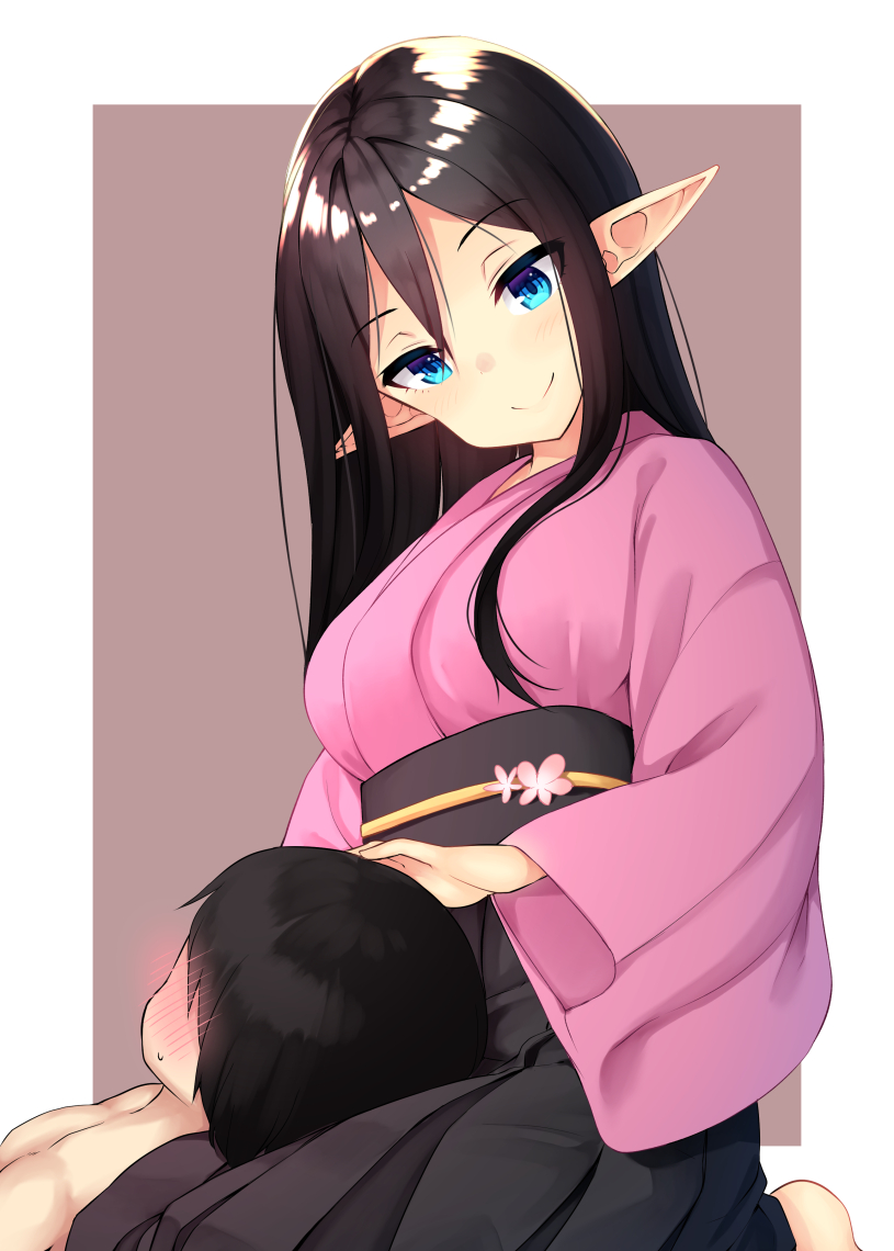 1boy 1girl barefoot binsen black_hair blue_eyes blush brown_background closed_mouth elf eyebrows_visible_through_hair faceless faceless_male hakama japanese_clothes lap_pillow long_hair long_sleeves obi original pointy_ears sash seiza simple_background sitting smile solo sweatdrop wide_sleeves