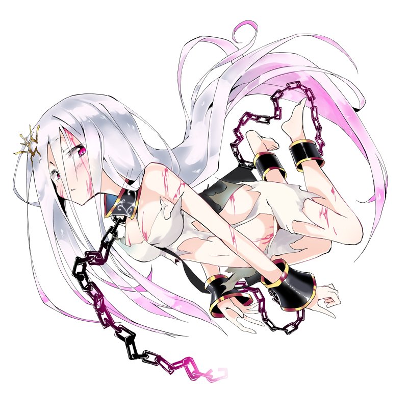 1girl breasts chains collar commentary_request cuffs eyebrows_visible_through_hair kuroneko_no_toorimichi long_hair looking_at_viewer original pink_hair shackles simple_background solo torn_clothes very_long_hair white_background white_hair
